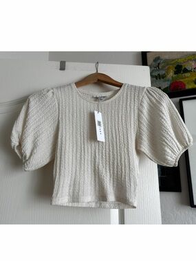 Topshop Cream Textured Puff Sleeve Knit Tee